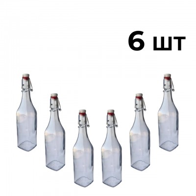Пляшка Квадратна Бугельна, скляна (прозора) 0,5 л. з горбильним корком 6 шт.